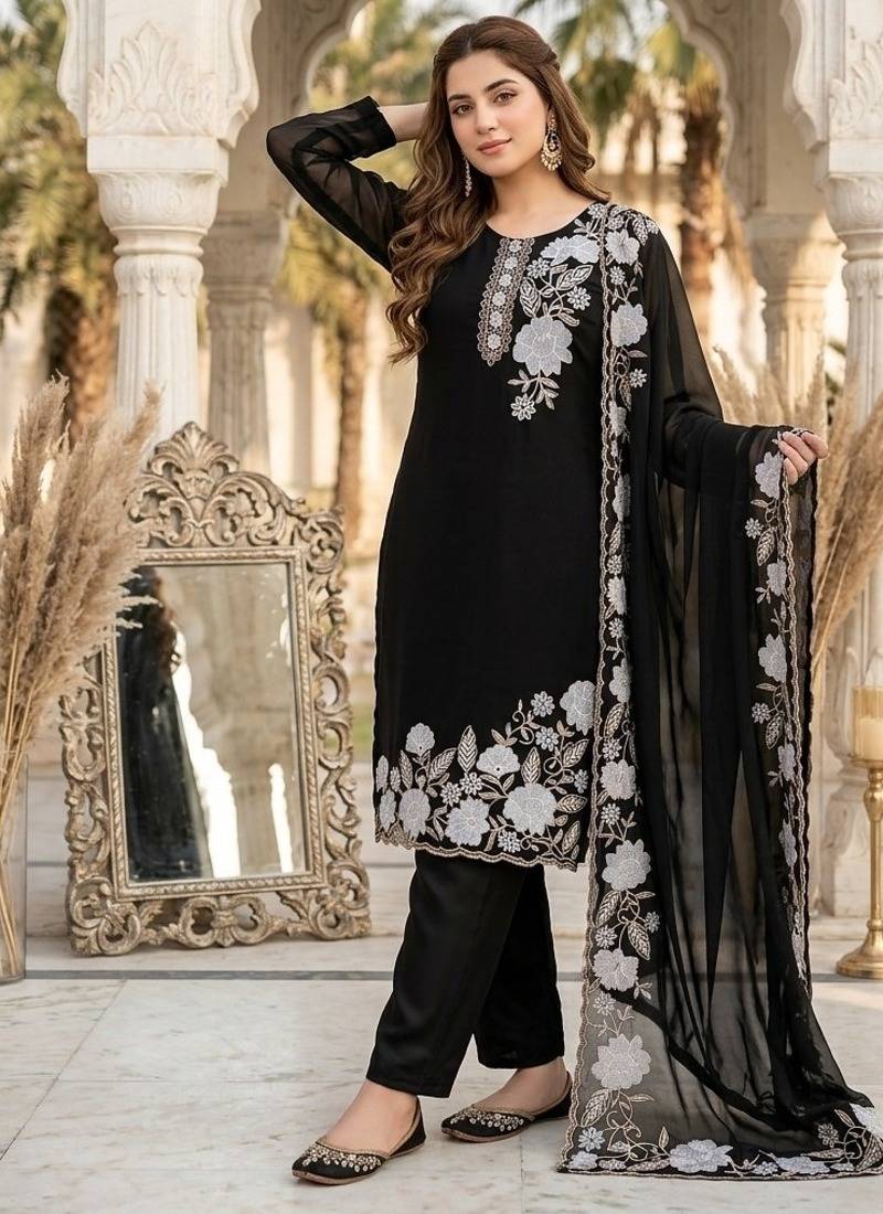 black faux georgette party wear embroidery suit set