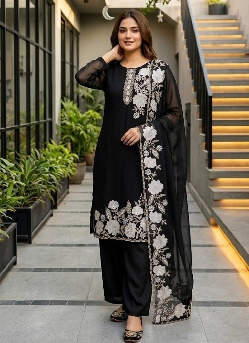 black faux georgette party wear embroidery suit set