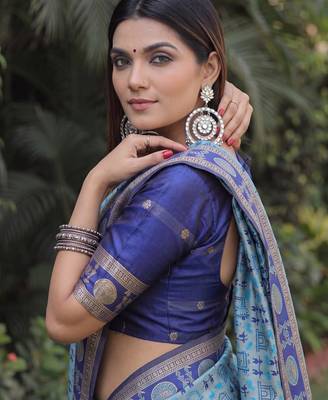 TURQUOISE ART SILK BANARASI JACUARD WORK SAREE WITH UNSTITCHED BLOUSE PIECE 4