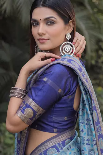 TURQUOISE ART SILK BANARASI JACUARD WORK SAREE WITH UNSTITCHED BLOUSE PIECE