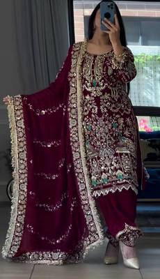 red natural crep party wear embroidery suit set 1