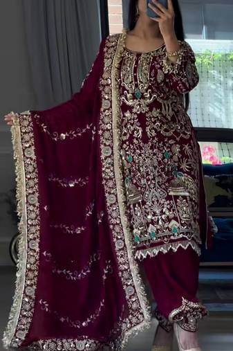 red natural crep party wear embroidery suit set