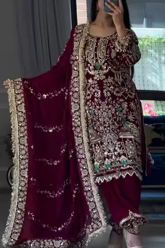 red natural crep party wear embroidery suit set
