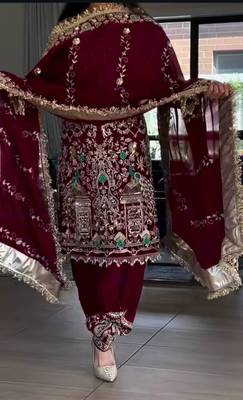 red natural crep party wear embroidery suit set 2