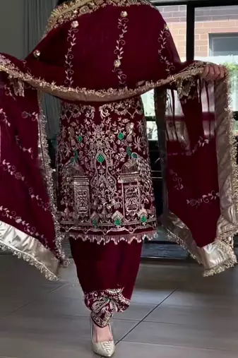 red natural crep party wear embroidery suit set