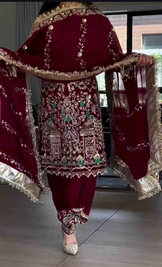 red natural crep party wear embroidery suit set
