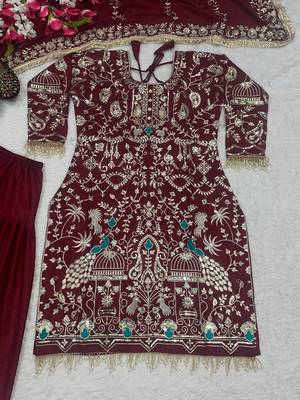 red natural crep party wear embroidery suit set 3