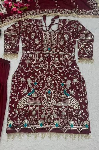 red natural crep party wear embroidery suit set