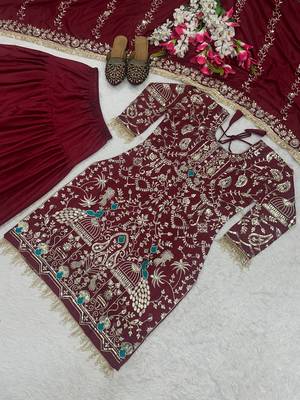 red natural crep party wear embroidery suit set 4