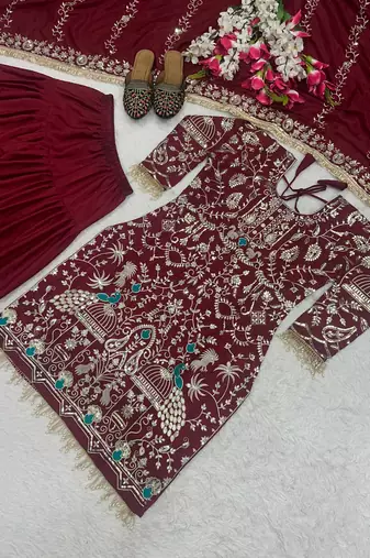 red natural crep party wear embroidery suit set