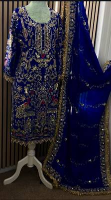 blue natural crep party wear embroidery suit set 1