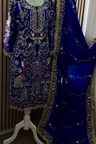 blue natural crep party wear embroidery suit set