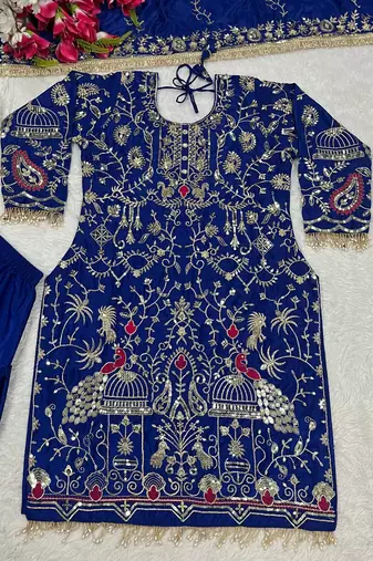 blue natural crep party wear embroidery suit set