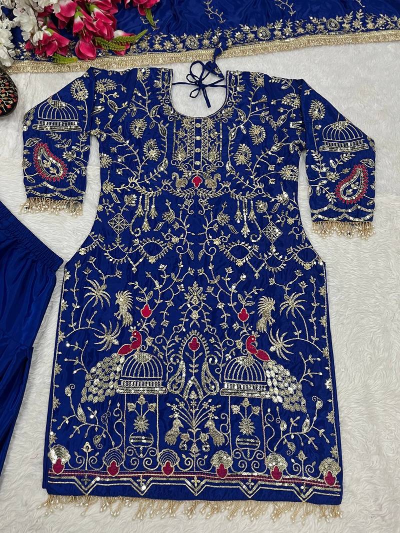 blue natural crep party wear embroidery suit set