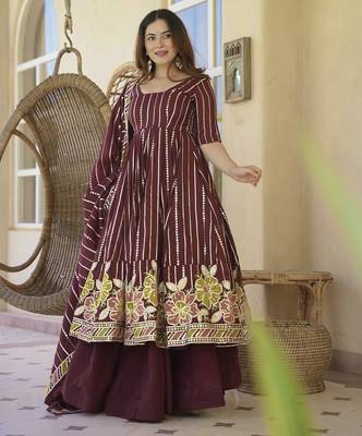 red georgette party wear embroidery anarkali suit set 1