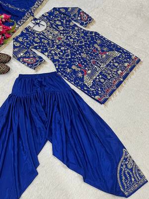 blue natural crep party wear embroidery suit set 3