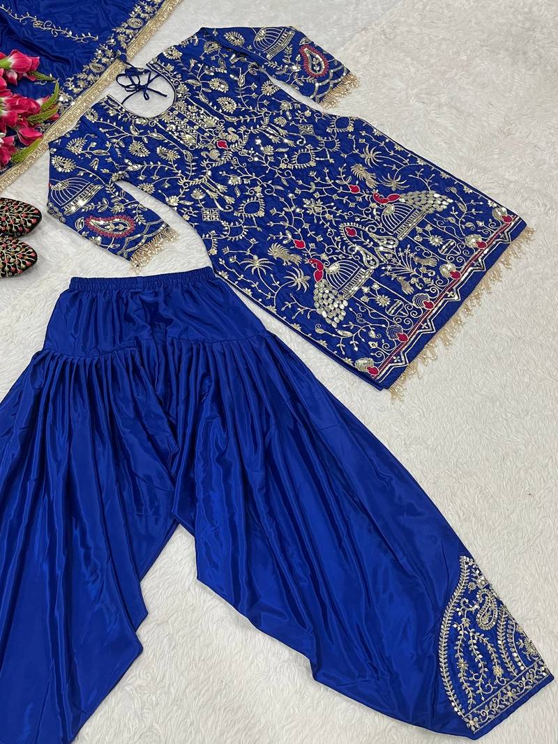 blue natural crep party wear embroidery suit set