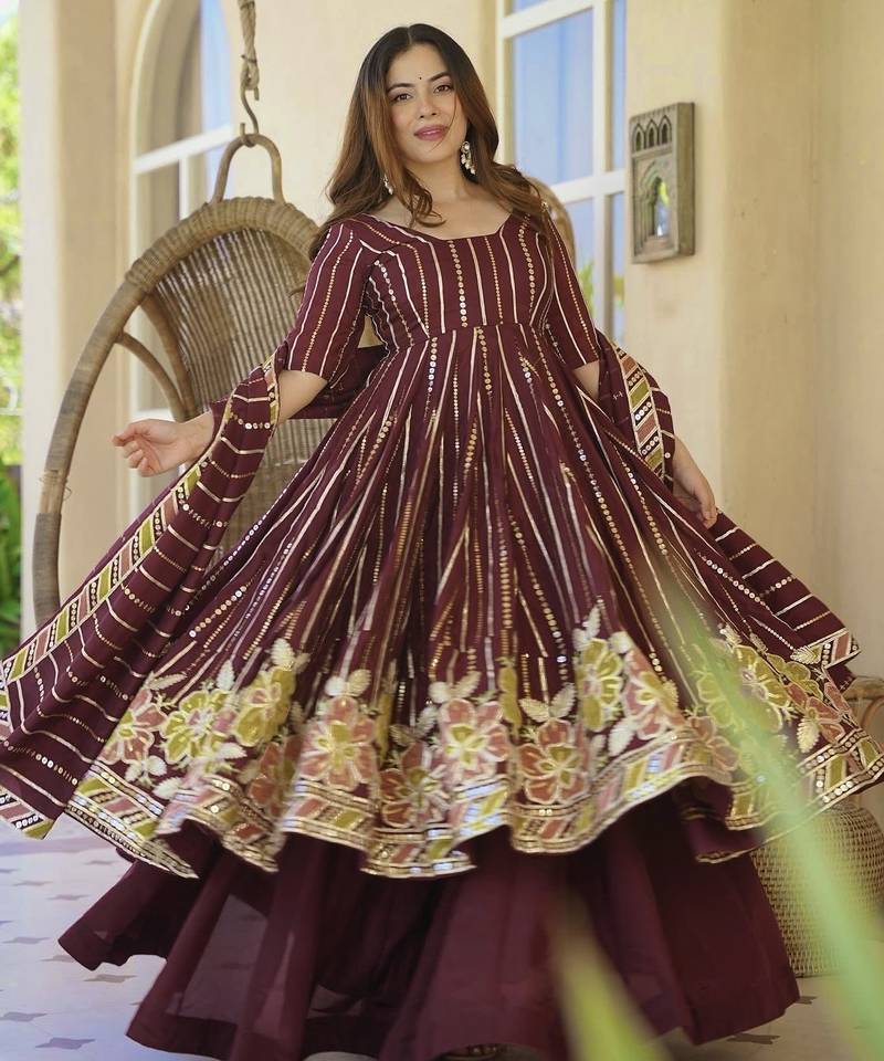 red georgette party wear embroidery anarkali suit set