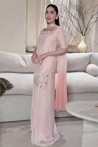 pink silk blend party wear embroidery sharara suit set