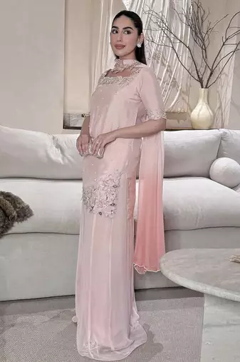 pink silk blend party wear embroidery sharara suit set