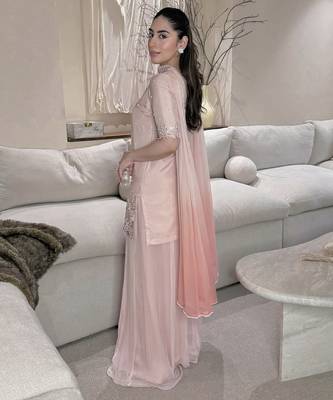 pink silk blend party wear embroidery sharara suit set 2