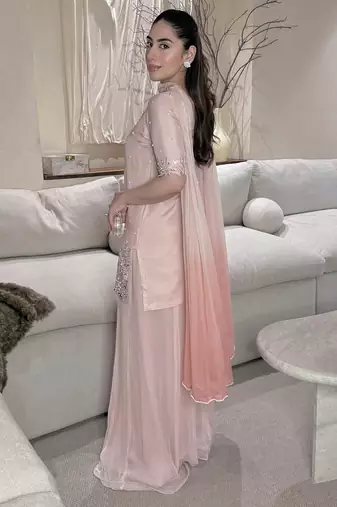 pink silk blend party wear embroidery sharara suit set