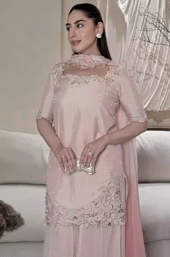 pink silk blend party wear embroidery sharara suit set