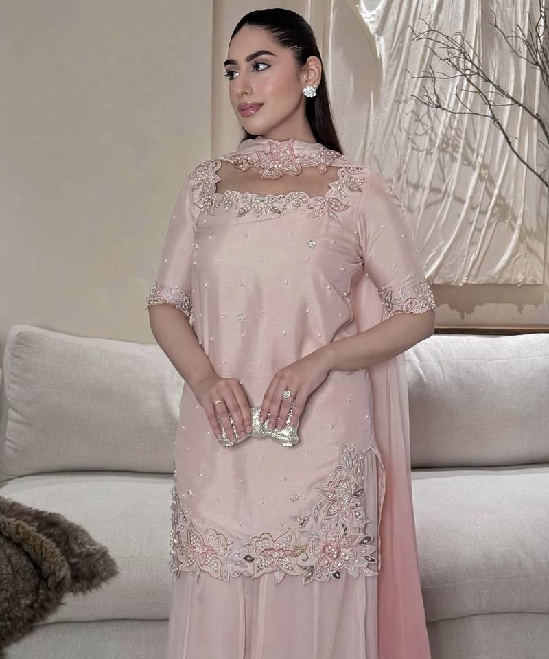 pink silk blend party wear embroidery sharara suit set
