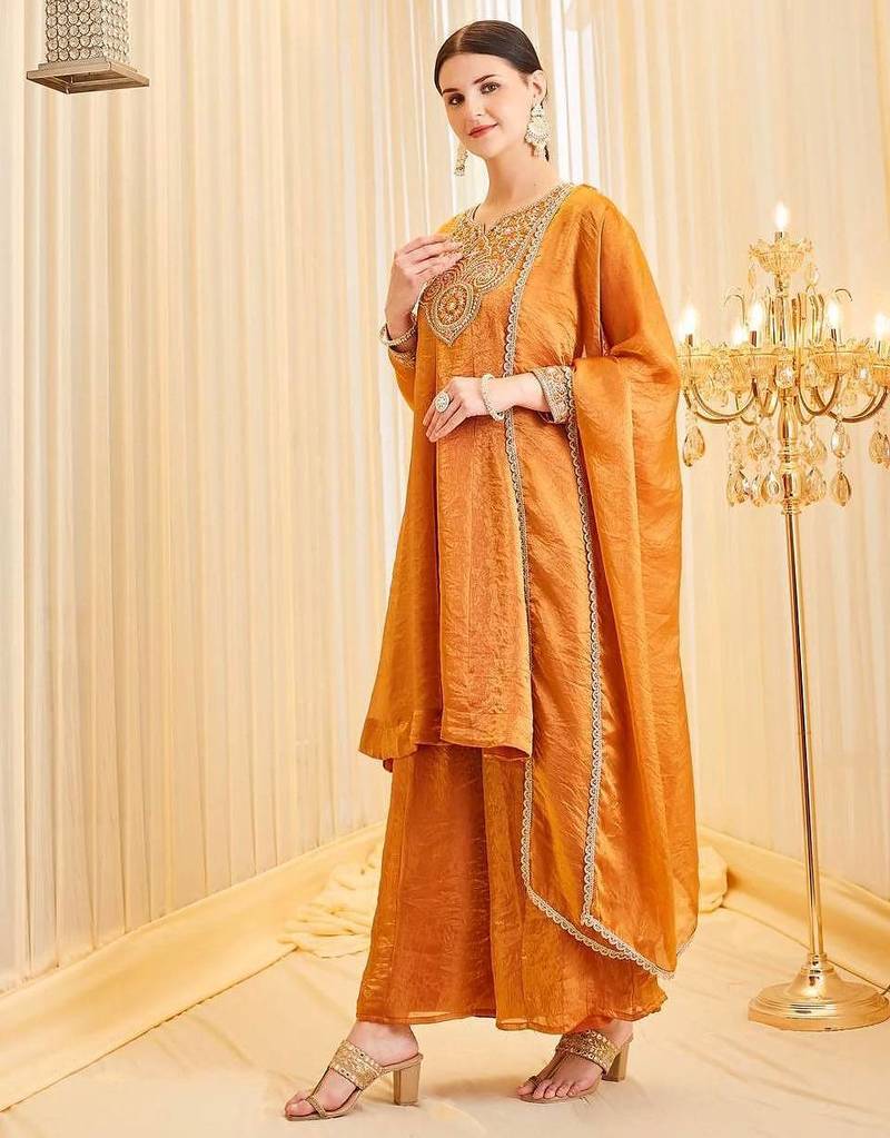 orange silk blend  party wear embroidery suit set