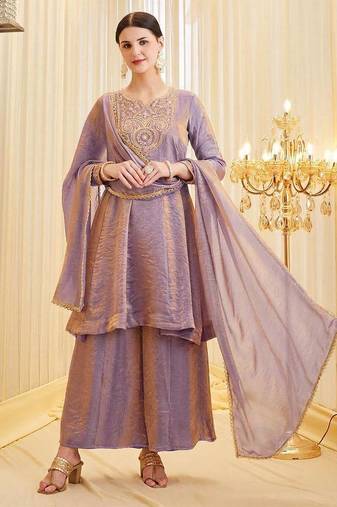 lavender silk blend  party wear embroidery suit set