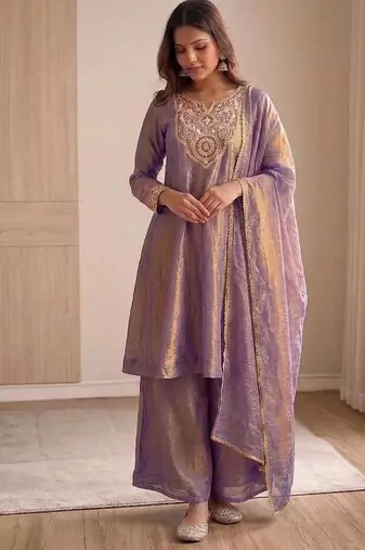 lavender silk blend  party wear embroidery suit set