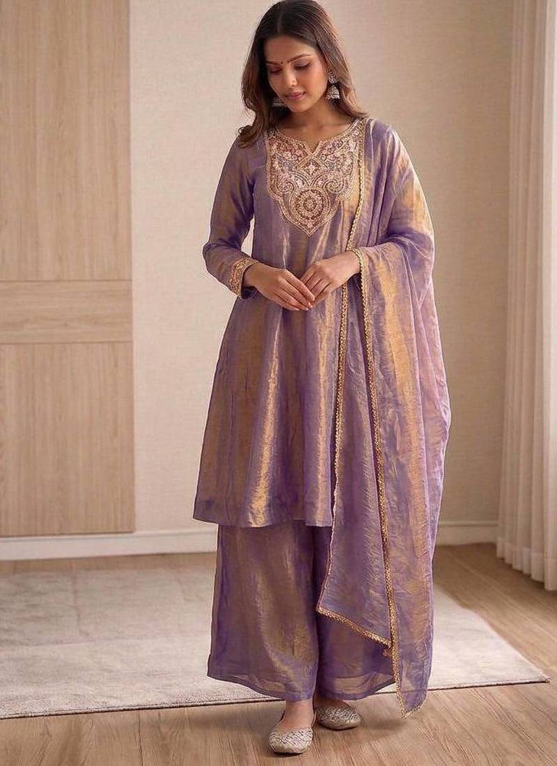lavender silk blend  party wear embroidery suit set