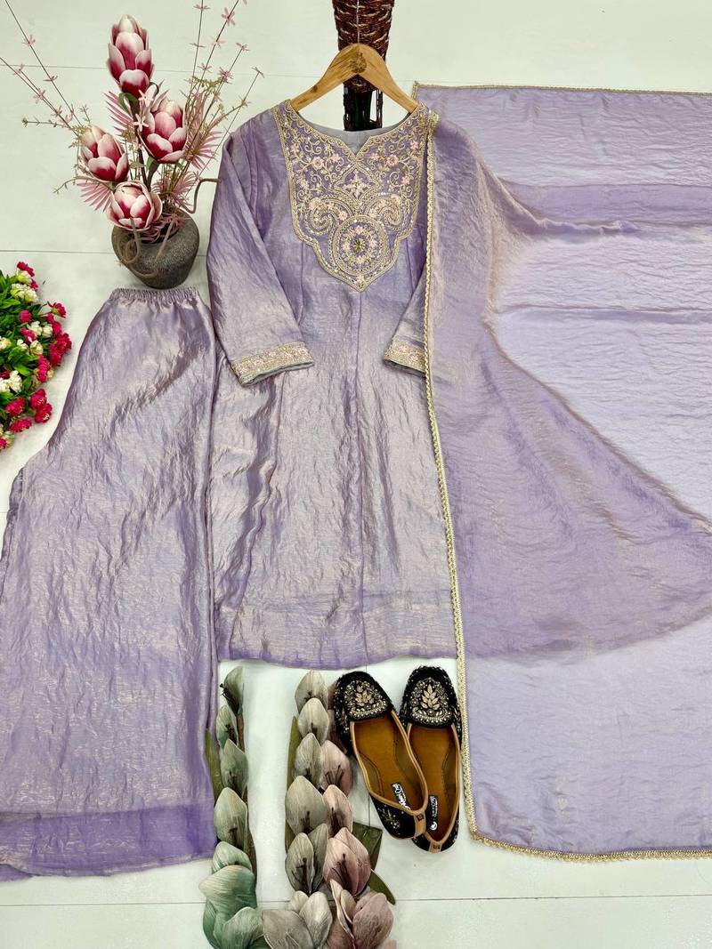 lavender silk blend  party wear embroidery suit set