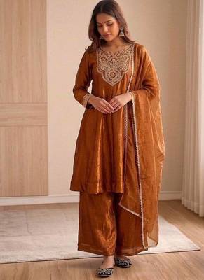 brown silk blend  party wear embroidery suit set 2