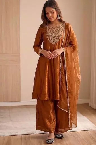 brown silk blend  party wear embroidery suit set