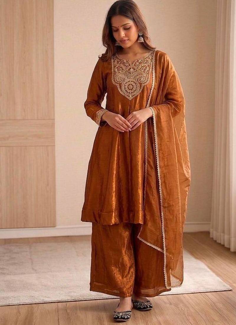 brown silk blend  party wear embroidery suit set