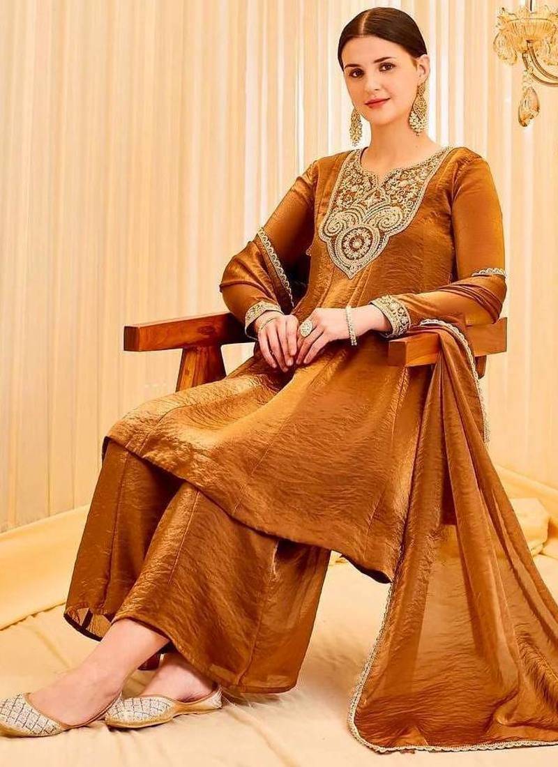 brown silk blend  party wear embroidery suit set