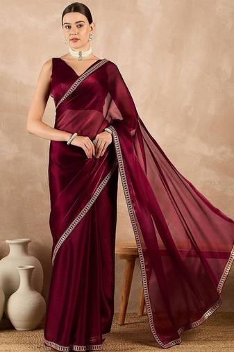 Maroon Embroidery And sequin Work Silk Blend Saree