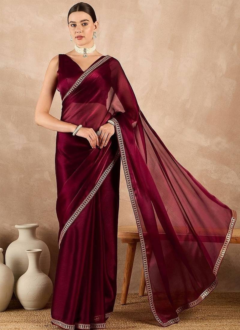 Maroon Color Embroidery And Sequence Work Silk Blend Saree