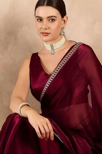 Maroon Color Embroidery And Sequence Work Silk Blend Saree