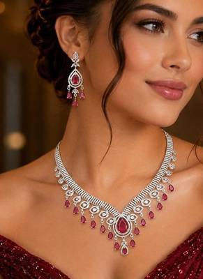 ruby red cz diamond bridal jewellery set, silver plated choker necklace earrings 1