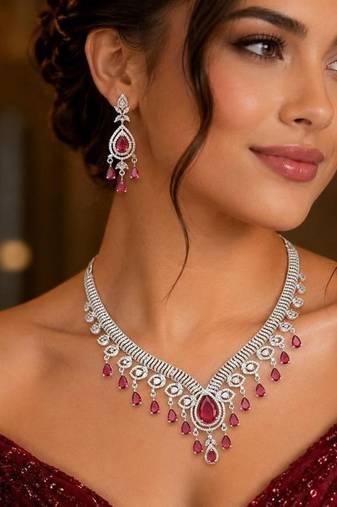 ruby red cz diamond bridal jewellery set, silver plated choker necklace earrings