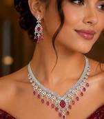 ruby red cz diamond bridal jewellery set, silver plated choker necklace earrings