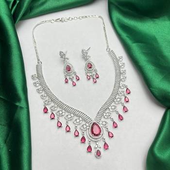 ruby red cz diamond bridal jewellery set, silver plated choker necklace earrings 2
