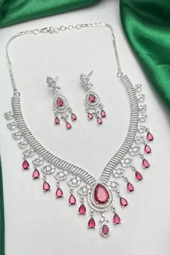 ruby red cz diamond bridal jewellery set, silver plated choker necklace earrings
