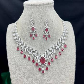 ruby red cz diamond bridal jewellery set, silver plated choker necklace earrings 3