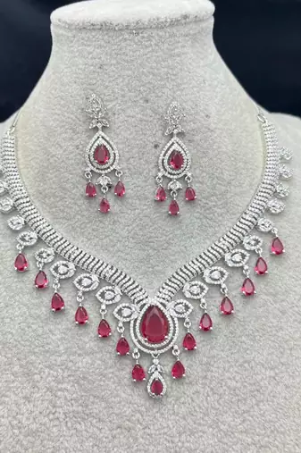 ruby red cz diamond bridal jewellery set, silver plated choker necklace earrings