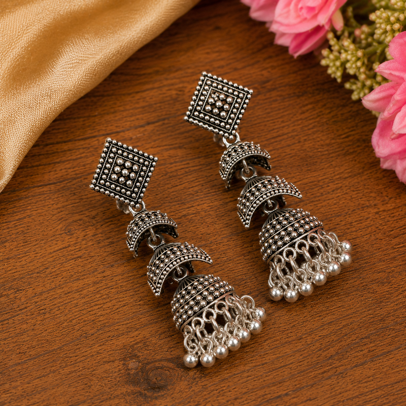Oxidised silver look double decker jhumka's