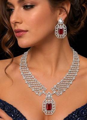 royal ruby red cz bridal jewellery set emerald cut choker necklace, geometric earrings 1