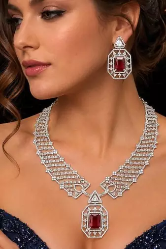 royal ruby red cz bridal jewellery set: emerald cut choker necklace, geometric earrings